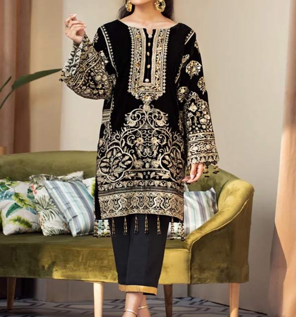 Velvet Heavy Embroidered Dress With Jamawar Trouser 2 Pec Dress (Unstitched) (CHI-552)