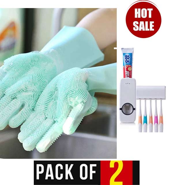 Pack of 2 Automatic Toothpaste Dispenser & Magic Gloves  (Deal-72)