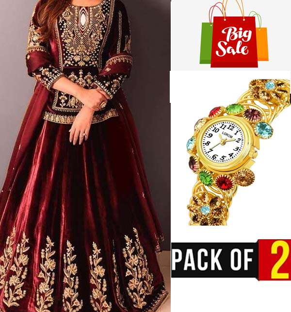 NEW YEAR Winter Sale  Silk Heavy Embroidery MAXI With Gift Bracelet Jewelry Watch  (Deal-70)