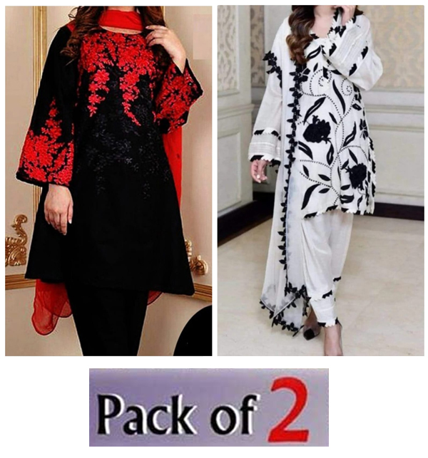 Pack of 2 Deal - Linen Full Heavy Embroidery Dress 2 PCs (Unstitched) (Deal-92)