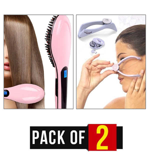 Pack of 2 - Fast Hair Straightener Brush & Face & Body Hair Threading System