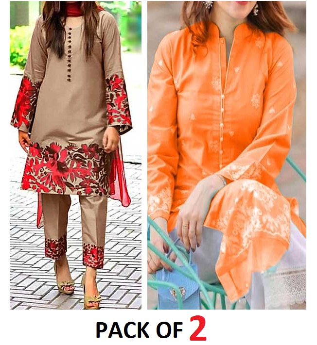 Pack of 2 - Full Embroidery Lawn Dress (Shirt+Trouser) (Unstitched) (DEAL-45)
