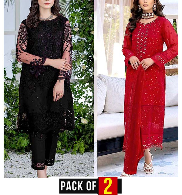 Pack of 2 Luxury Party Wear Dress Black Net Embroidery Dress & Chiffon Full Embroidery 2 Pec Dress (Deal-95)