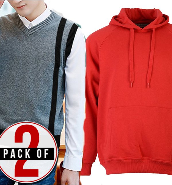 Pack of 2 Men's Hoodie Red & Sleeveless Sweater LINE Grey