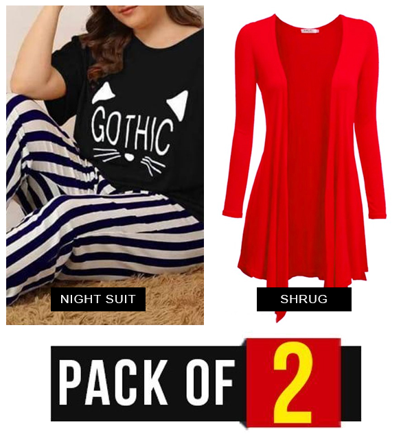 Pack OF 2 Black Night Dress + Red Shrug