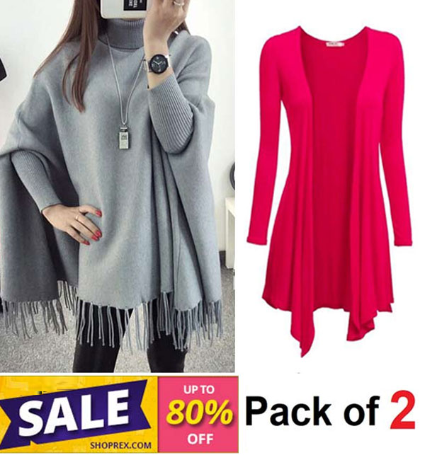 Pack of 2 Winter Deal Grey Poncho + Pink Shrug For Ladies