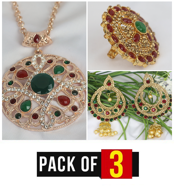 Pack OF 3 jewelry Deal Earring, Ring  & Locket Chain For Women (JL-16),  (RH-11) & (PS-202)