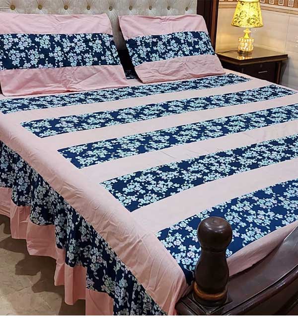 Frill King Size Cotton Bed Sheet Set 3 Pcs Patches Work (BCP-73)