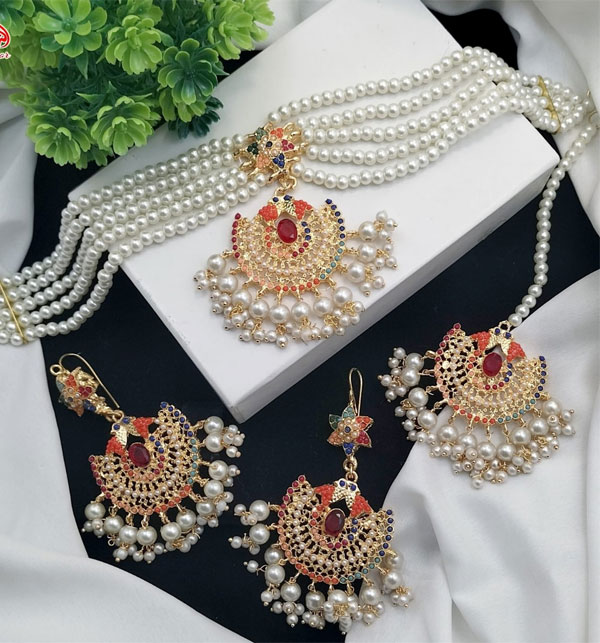 Pearl Gajra 9 Ratan Choker Necklace Jewelry Set with Earrings and Teeka (ZV:20008)