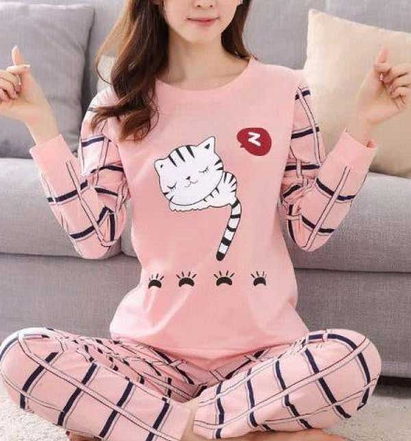 Pink Sleeping Cat Printed Night Suit For Girls And Women (ND-7)