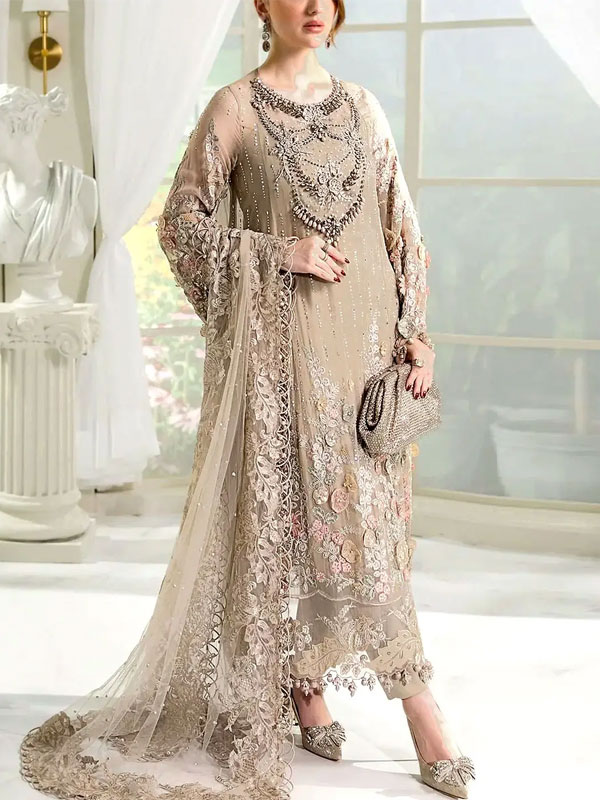 Premium Heavy Embroidered Beige Chiffon Wedding Dress with 3D Handwork and Rich Embellished Neckline (Unstitched) (CHI-1063)