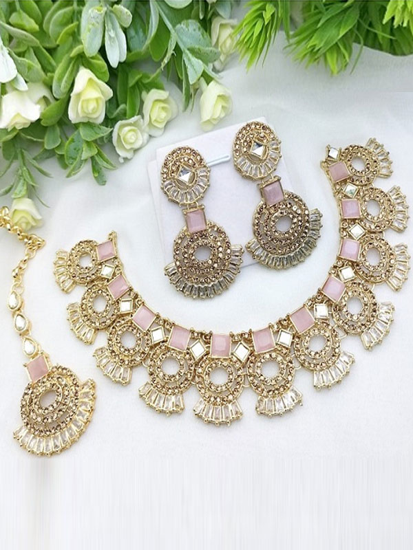 Premium Quality Zircon Bridal Necklace Set with Earrings and Teeka (ZV:27682-Pink)