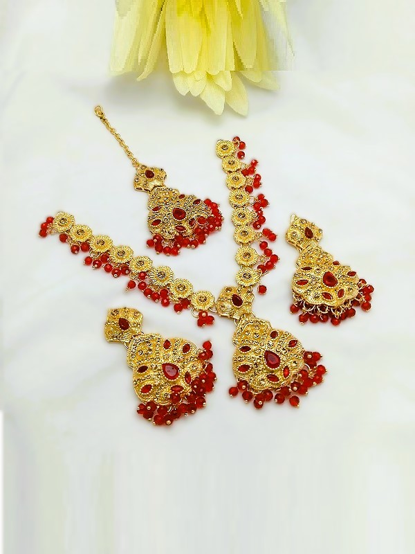 Rajwadi Maroon Stone Necklace Set With Earrings and Bindia (ZV:32427)