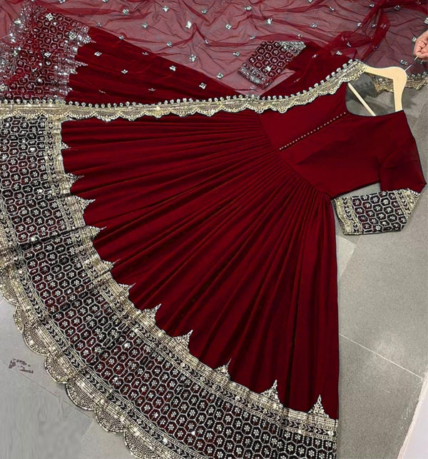 Readymade 3 PCs Maroon Chiffon Sequence Embroidered Dress (RM-147)