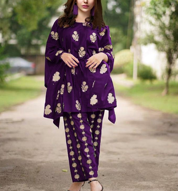 Readymade Linen Embroidered Poncho Style Salwar Kameez in Purple color For  Girls (2 Pieces)