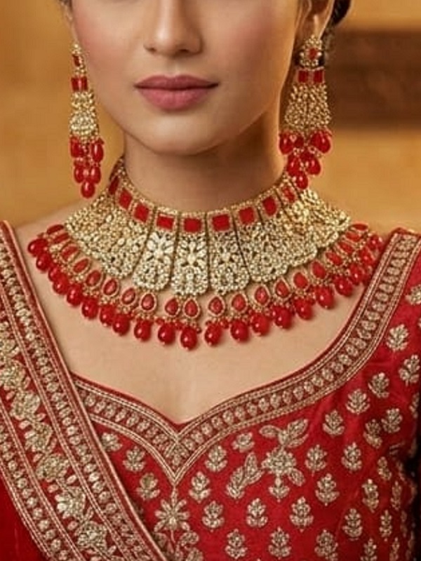 Red Kundan Wedding Necklace Set With Earrings, Tikka and Jhoomar (ZV:29732)