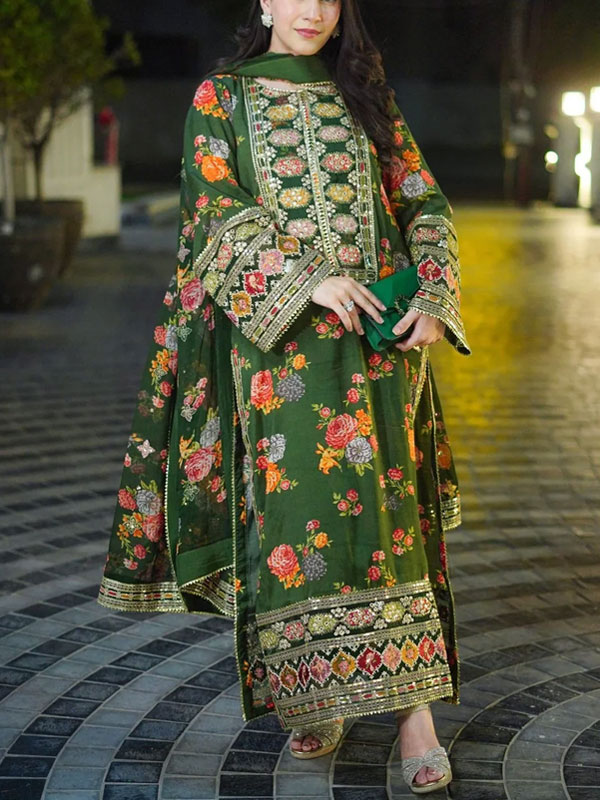 Shamoze Silk Heavy Embroidered Dress With Printed Silk Dupatta (Unstitched) (CHI-1019)