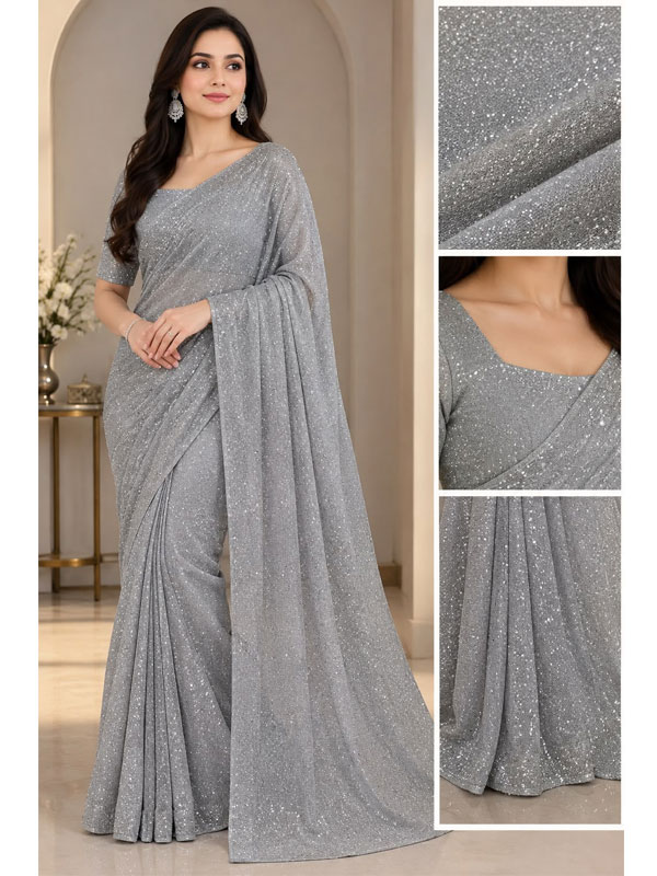 Shimmer Moonlight Unstitched Grey Saree Elegant Wedding Wear 7 Meter Fabric For Saree and Blouse (CHI-1165)