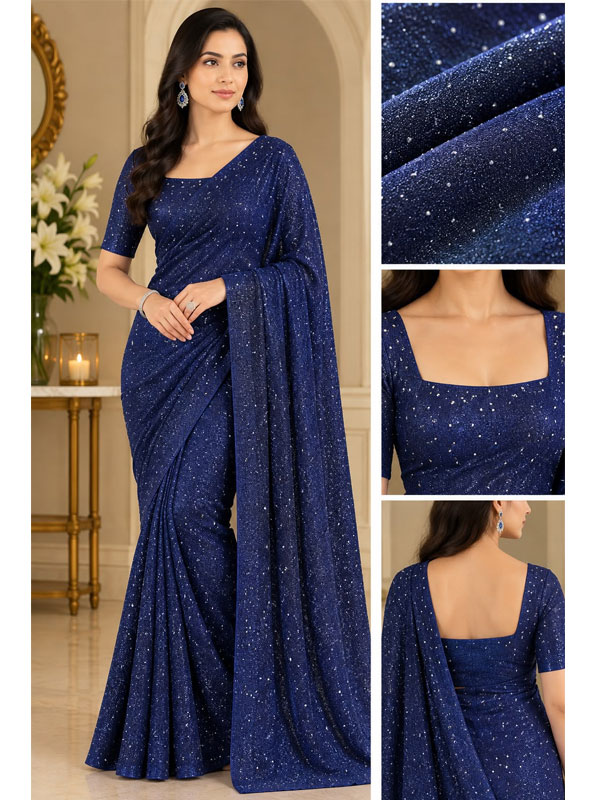 Shimmer Moonlight Unstitched Navy Blue Saree Elegant Wedding Wear 7 Meter Fabric For Saree and Blouse (CHI-1166)