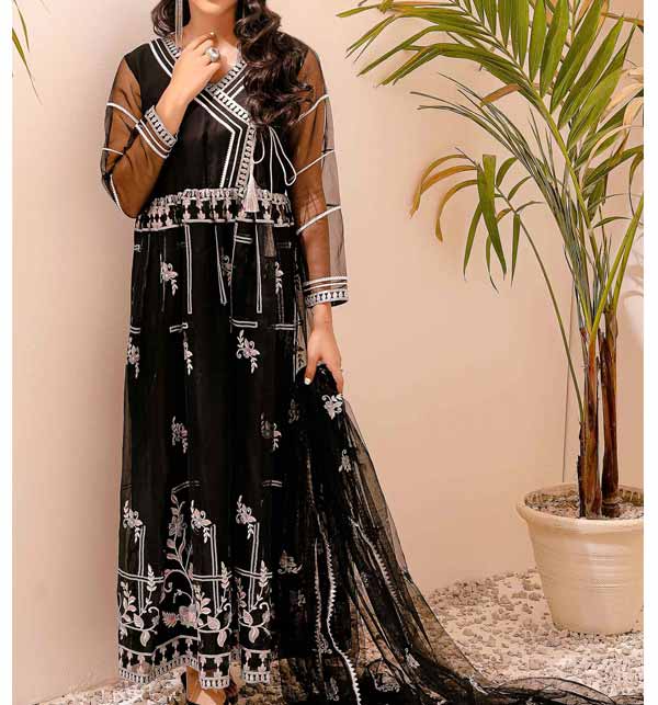 Sifona Organza Embroidered Frock With  Multi-head Embroidered Dupatta (2 Pc) (ALP-02)