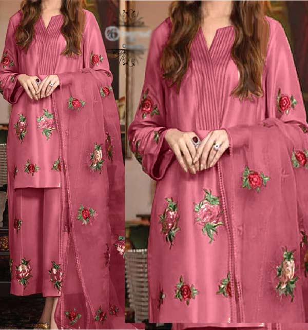 Silk Full Heavy Embroidered Pink Dress With Embroidered Organza Dupatta (Unstitched) (CHI-753)