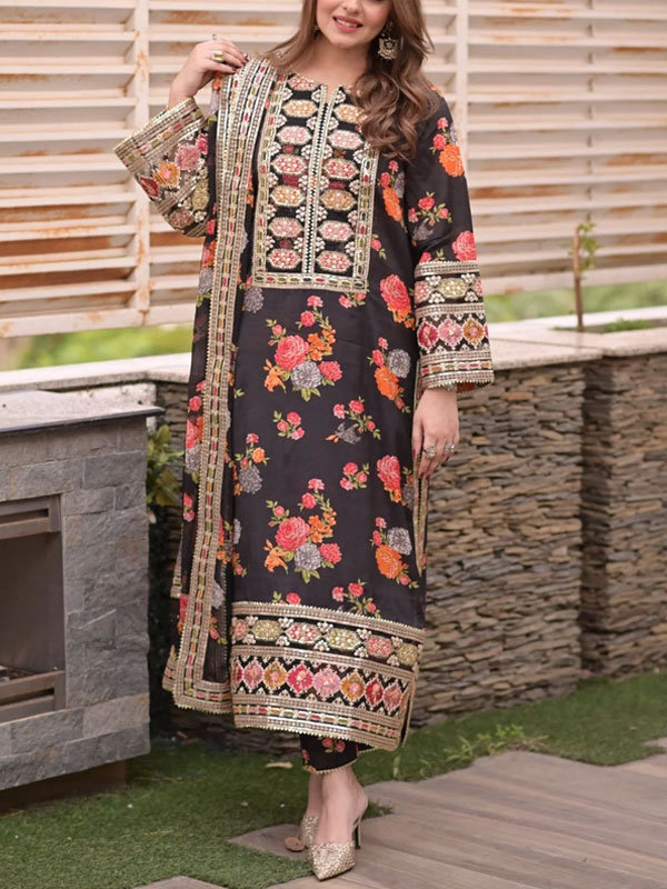 Silk Printed Heavy Embroidered Dress With Embroidered Silk Dupatta (Unstitched) (CHI-1016)