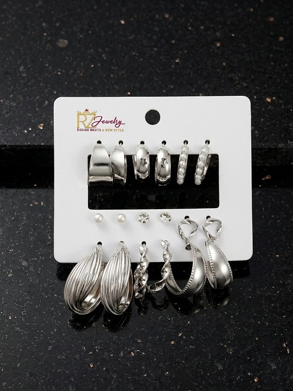 Silver Multi-Design Earrings Pack – Pearl, Stud & Hoop Styles (ZV:141317)