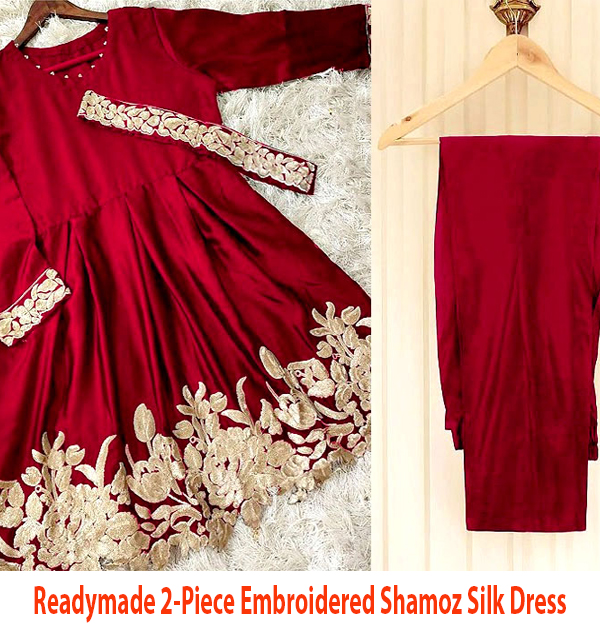 Stitched 2-Piece Embroidered Shamoz Silk Dress  For Girls (RM-12)