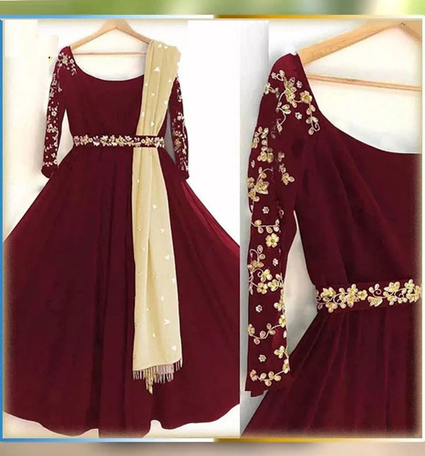 Stitched Sattan Dress With Dupatta Plain Trouser & Belt 4 Pec Suite (RM-132)