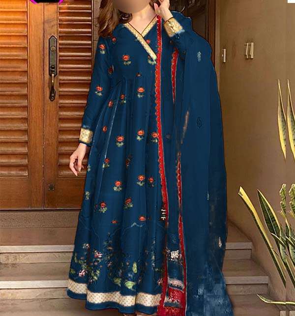 Stitched Silk Angrakha Maxi with Flower Embroidery, Chiffon Lace and Dupatta - Navy Blue Maxi  (RM-83)