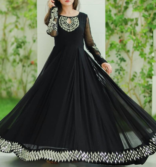 Stitched Black Chiffon Mirror Work Full Heavy Embroidery Maxi With Inner Ghara 90+ (CHI-679)