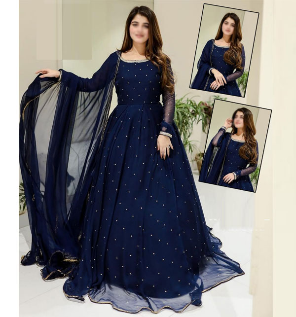 Stitched Chiffon Heavy Pearl Maxi With 4 Side Lace Dupatta (RM-157)	