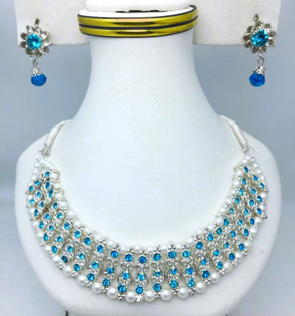 Stylish Blue Choker Necklace Jewelry Set With Earrings (ZV:18627)