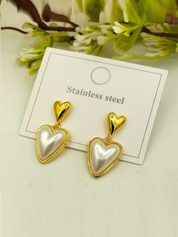 Stylish Gold Plated Stainless Steel Pearl Heart Drop Earrings (ZV:141189)