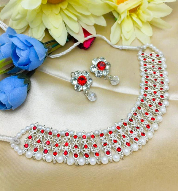 Stylish Red And White Pearl Choker Necklace Jewelry Set With Earrings (ZV:18728)