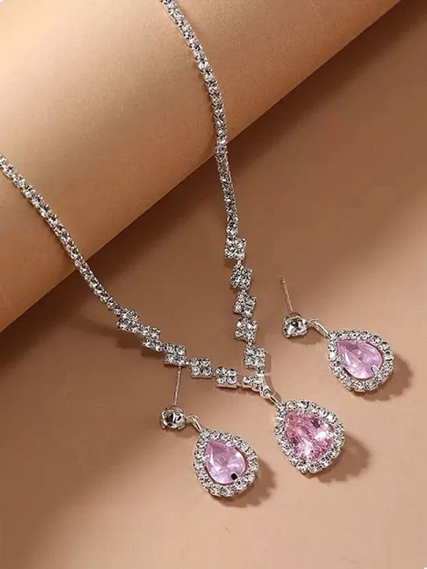 Tea Pink Silver Necklace and Earring Set with Sparkle Rhinestone (ZV:29920)