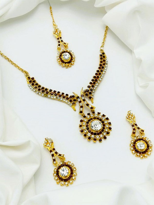 Traditional Zircon Necklace Set with Earrings & Bindia (ZV:28925)