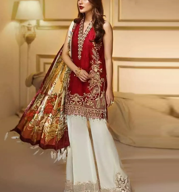 Unstitched 3 Piece Embroidered Lawn Suit with Chiffon Dupatta (DRL-907)