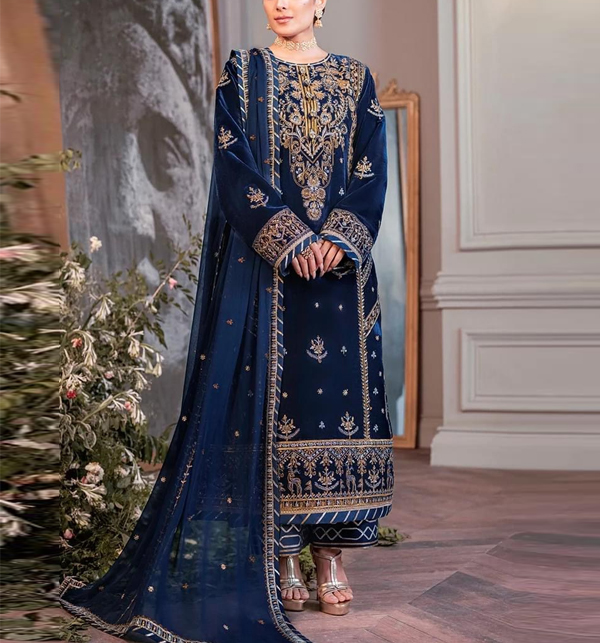 Luxury Velvet Full Heavy Embroidered Wedding Dress Spengle Work Dress With NET Heavy Embroidered Dupatta (UnStitched) (CHI-850)