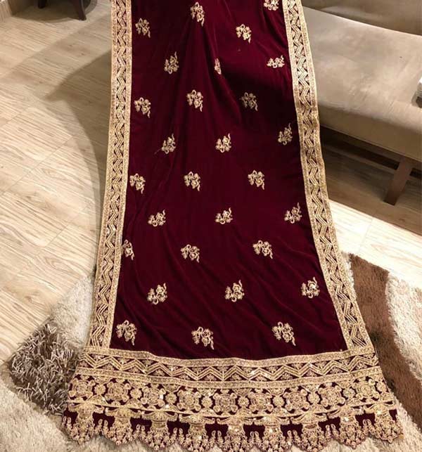 Indian Embroidered Maroon Bridal Velvet Shawl (Shawl 90)
