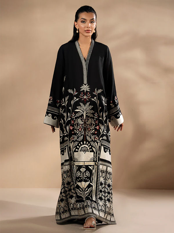 Ethnic Black Kaftan Printed Viscous Slub Digital Printed Long Kaftan Shirt (Unstitched) (DRL-2485)