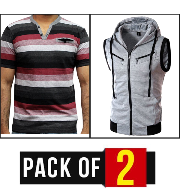 Pack OF 2 T-Shirt & Sleeveless Zipper Hoodies GREY