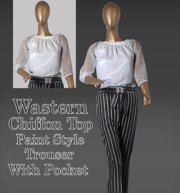 Western Style Dresses Chiffon Shirt Printed Trouser with Linen Belt (RM-42)
