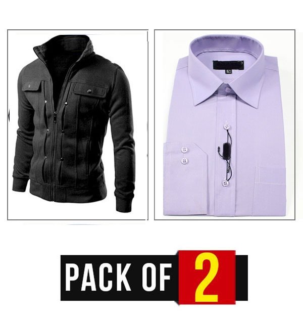 Winter Pack OF 2 Men's Fleece Jacket Black & Formal Shirt (FS-05)
