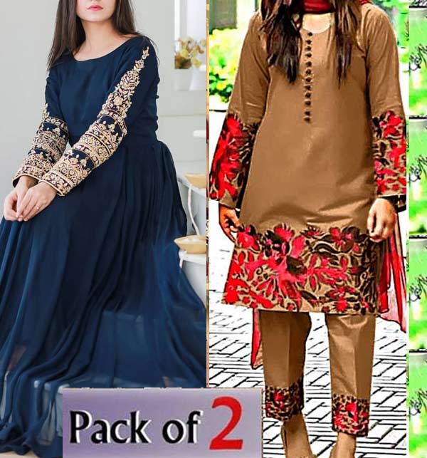 Pack of 2 Deal Blue Stitched MAXI & Unstitched Silk Full Sequence Embroidery 2 Pec Dress (Deal-68)