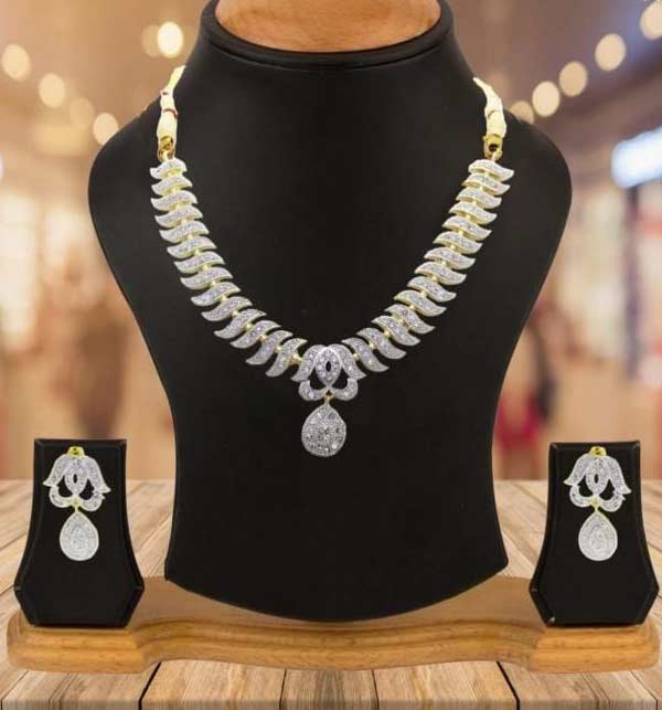 Elegant Indian Silver Zircon Necklace Set With Earring (ZV:5627)