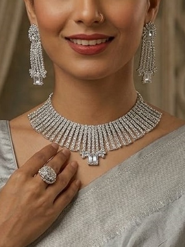 Zircon Silver White Necklace Set with Earrings and Bindia (ZV:30339)